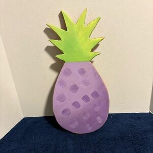 16” Hand Painted Wood Pineapple Plaque Purple Wall Art Tropical Fruit Decor Tiki